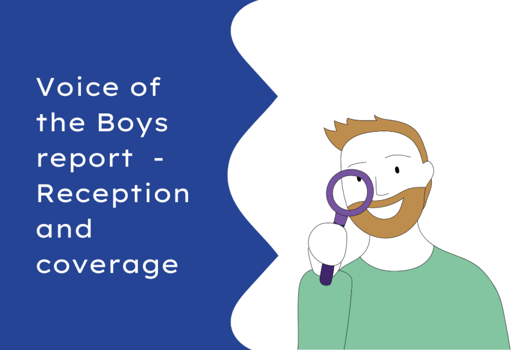 A cartoon man wearing a bright green shirt holds a magnifying glass towards the blog title on the left. White text on a dark blue background says 'Voice of the Boys report - reception and coverage'.