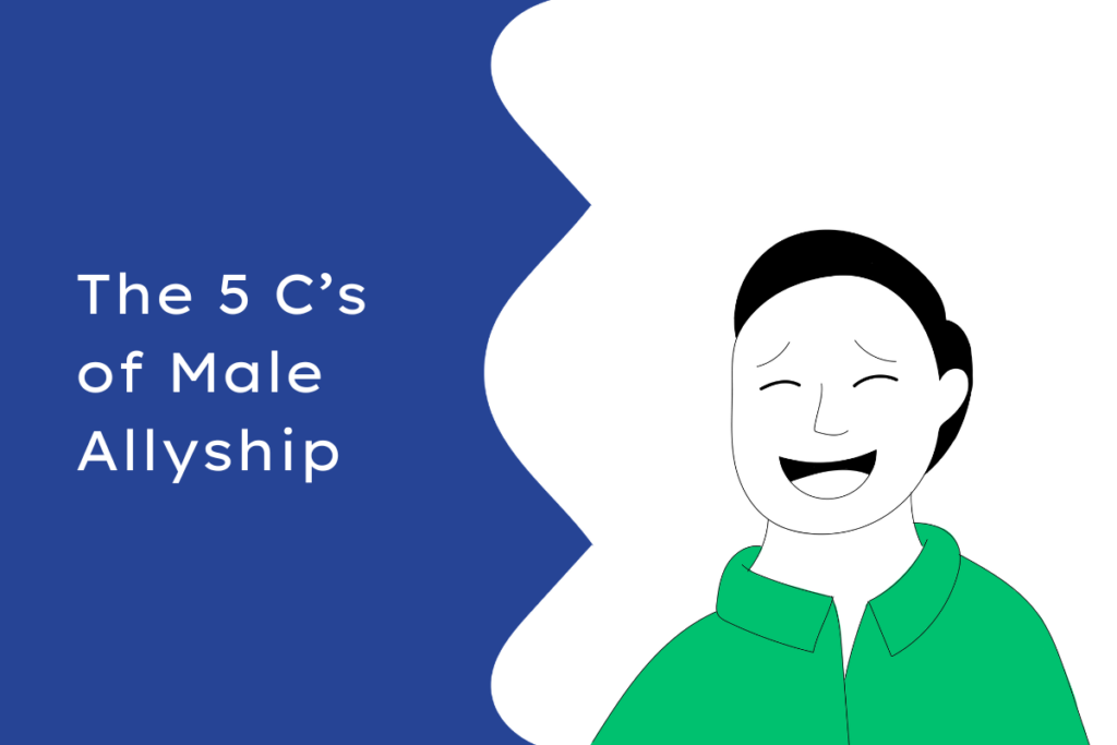 A cartoon man wearing a green shirt is grinning next to a title that says 'The 5 C's of Male Allyship'