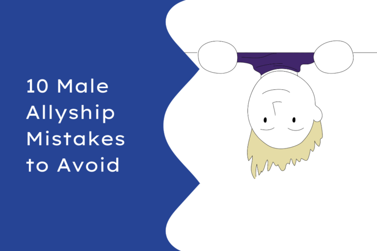A cartoon man is hanging upside down on the right-hand side. On the left is the title written in white on a dark blue background '10 male allyship mistakes to avoid'