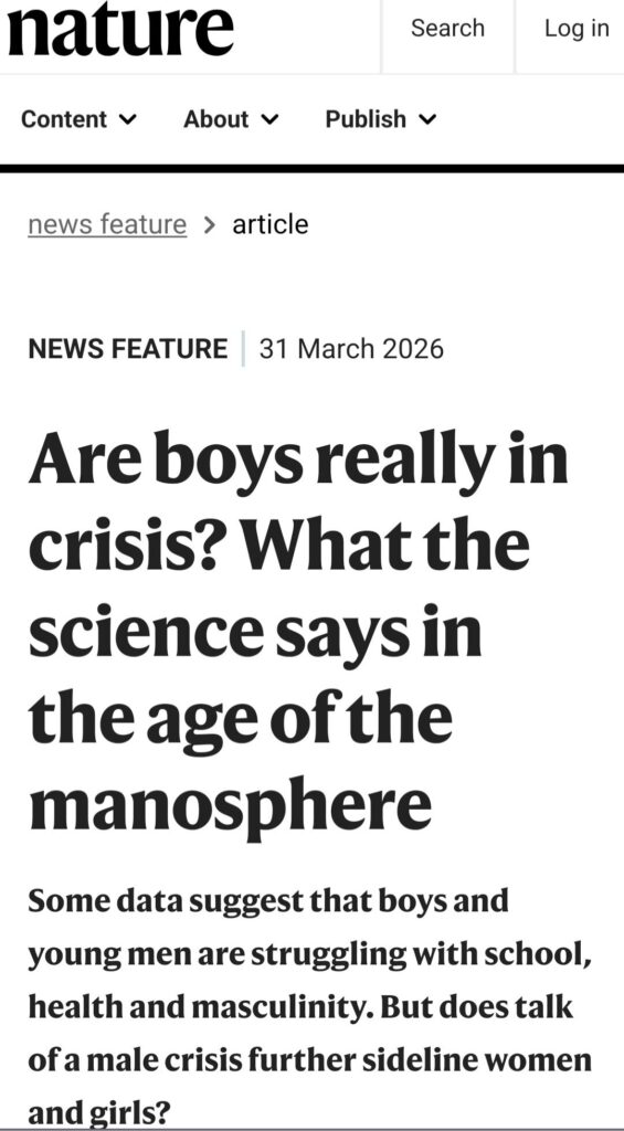 Screenshot from Nature Magazine of an article titled 'Are boys really in crisis? What the science says in the age of the manosphere.'