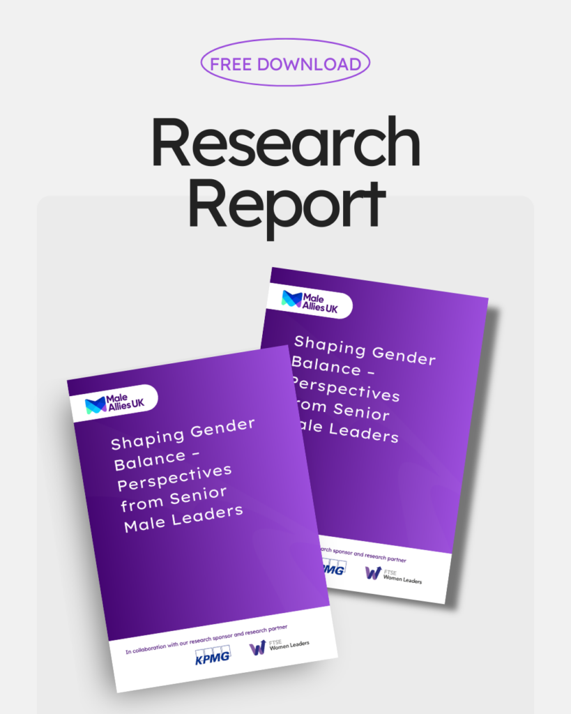 An image titled 'Research report, free download' which shows a purple front cover of the 'Shaping Gender Balance - Perspective from Senior Male Leaders' report.